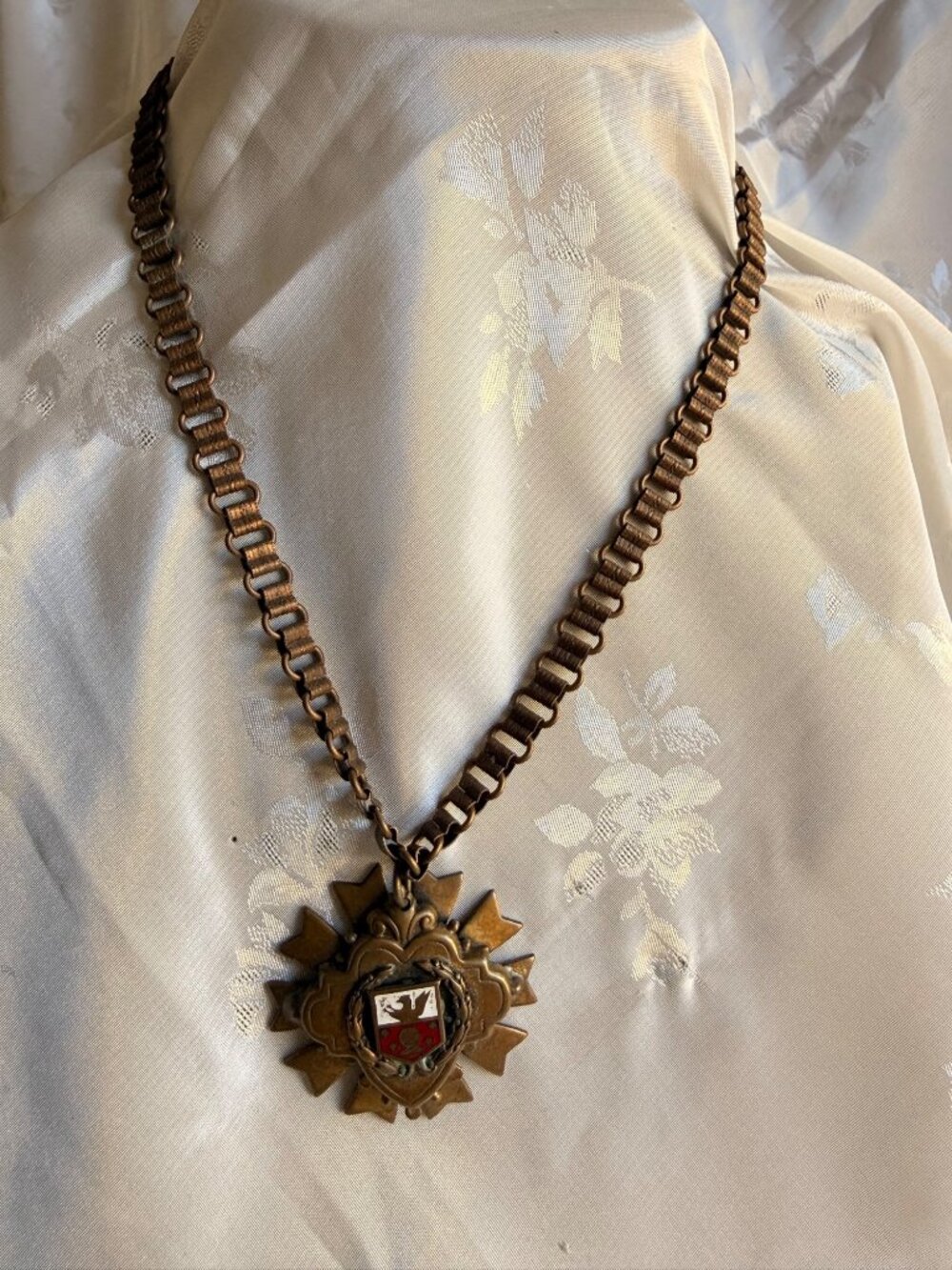 Vintage Bronze-Tone Ornate Chain Necklace w/ Heraldic Crest Pendant